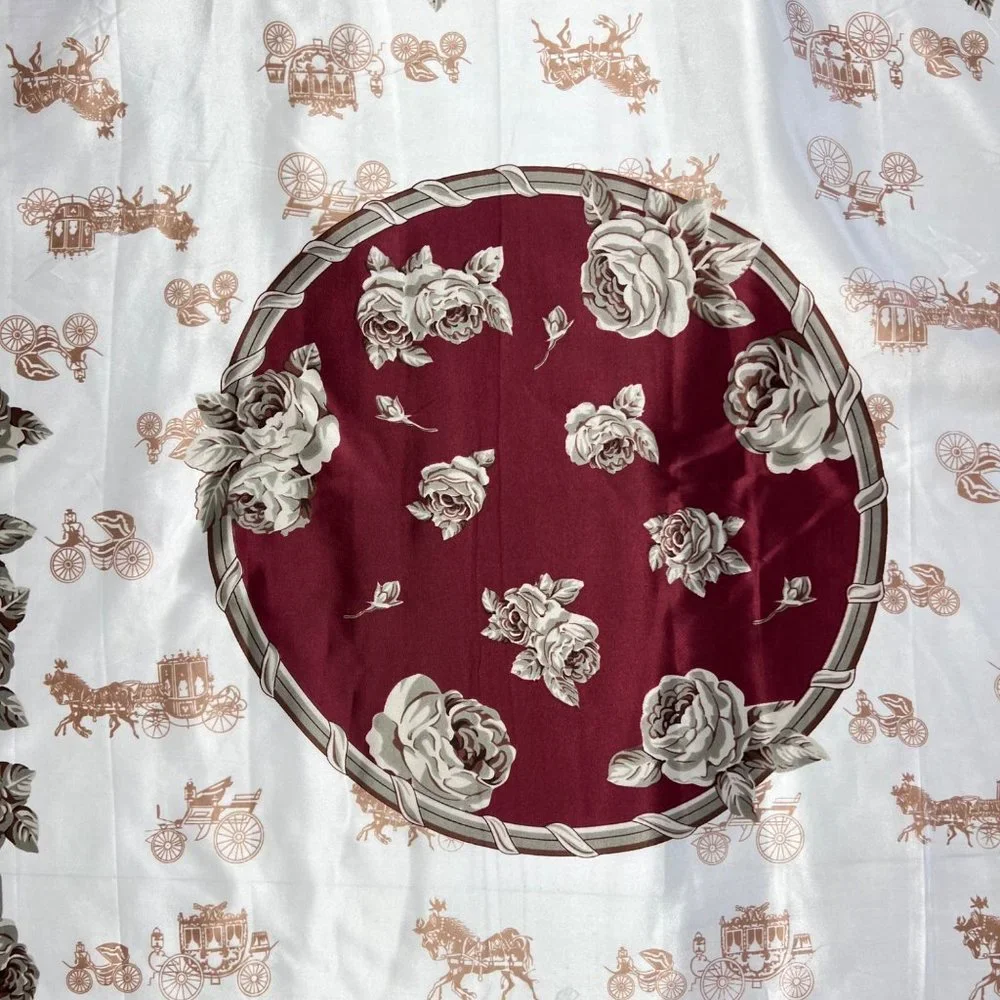 NEW Burgundy Red Ivory Roses and Carriages Printed Square Silky Scarf Wrap